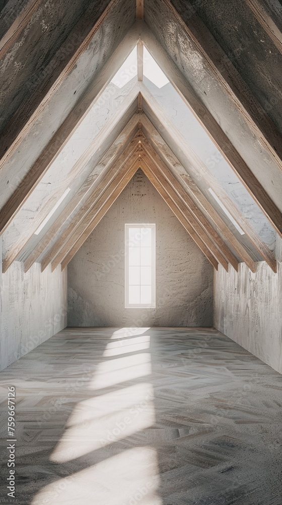 Obraz premium Frontal view of a modern attic with empty walls