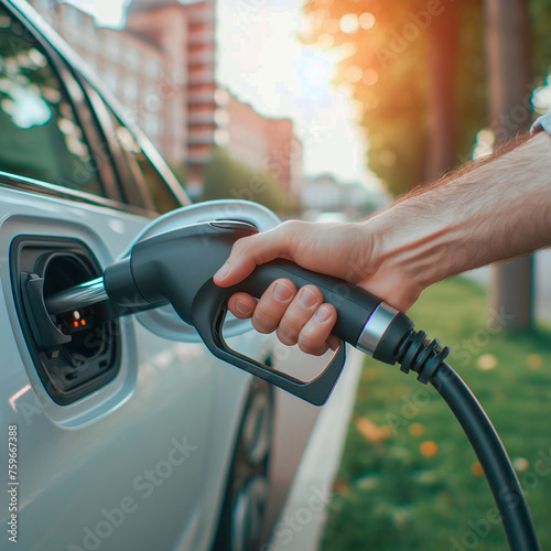 Close-up of a man's hand filling an electric car with gasoline at the gas station