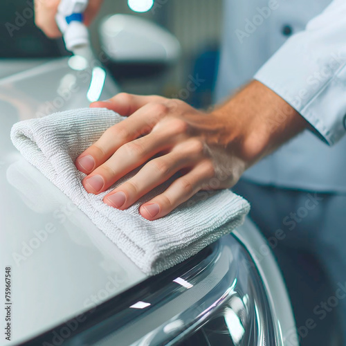 Man polishing a car with a microfiber cloth  close-up