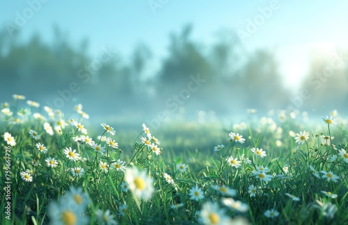 green field with daisies and bokeh sun