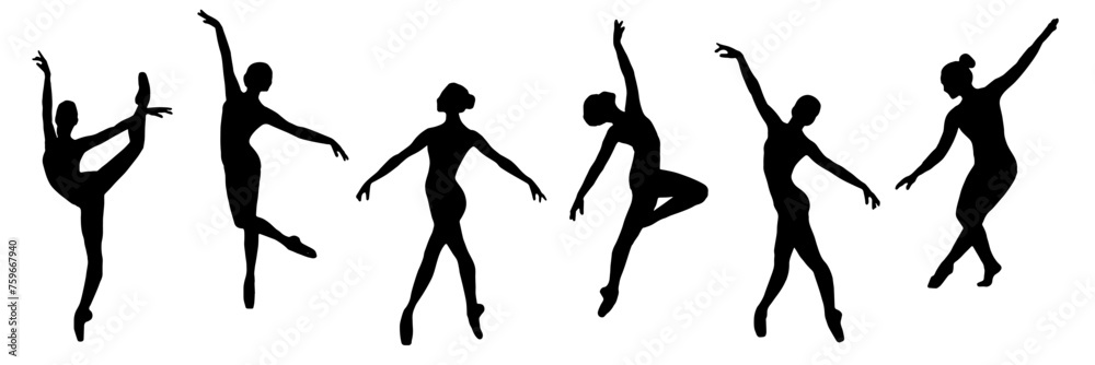 silhouette of a ballerina set - obrazy, fototapety, plakaty 