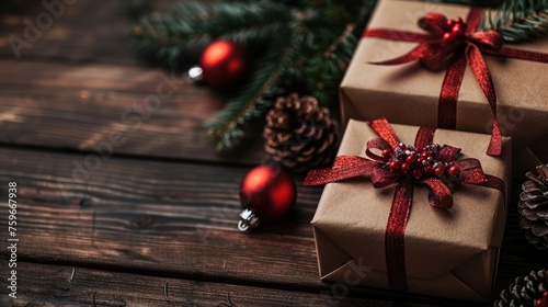 Christmas decorations set against a wooden background.