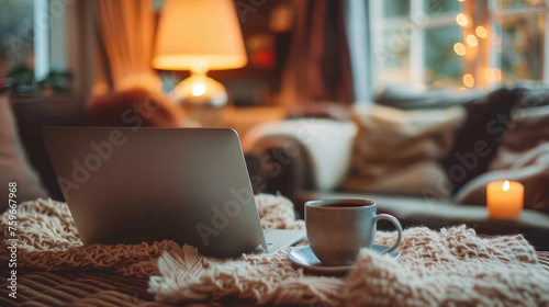 a cup of coffee beside a laptop on a coffee table