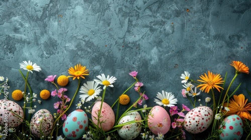 Easter-themed backdrop featuring spring flowers and Easter eggs