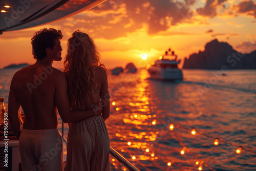 Arm in arm, a couple stands intimately on a yacht deck against a backdrop of an ocean with the sun setting on the horizon