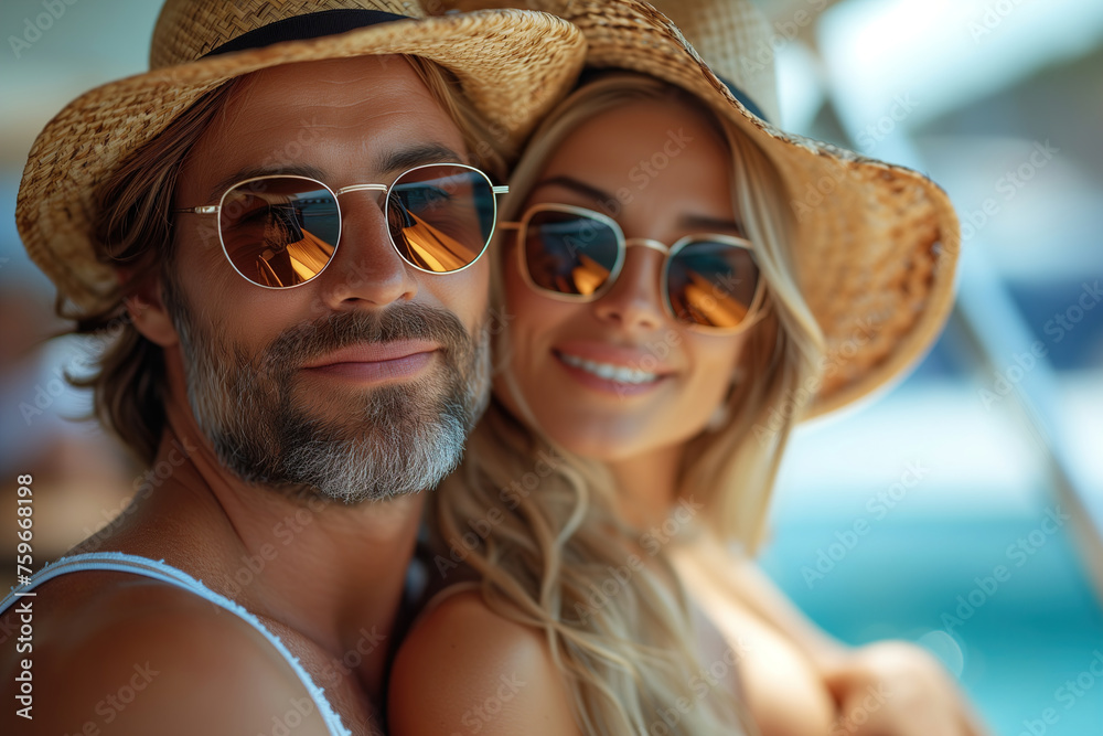 Attractive couple wearing summer straw hats and reflective sunglasses posing with heads together