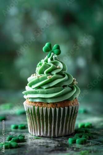 Patrick's Day cupcake with green frosting and a clover on a green background