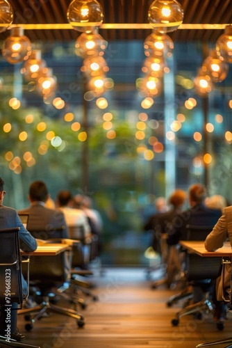 A blurred office meeting background with a business working group engaged in ...