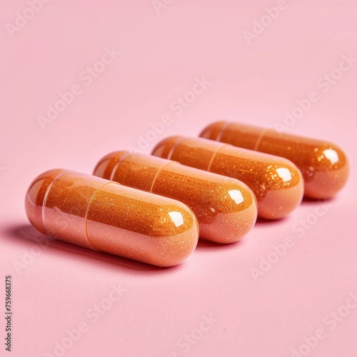 Orange vitamin pills arranged on a soft pink background in a well-lit studio