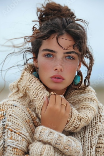 Ethnic stone rings and earrings styled on a model as boho jewelry