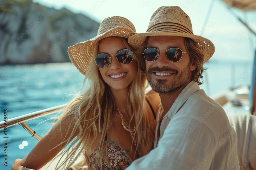 Smiling couple wearing trendy sunglasses and straw hats on the deck of a yacht, ocean in the background