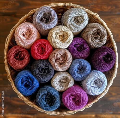 a basket filled with yarns in various colors
