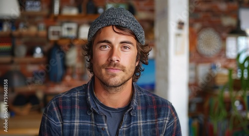 Boy student studying in a room on the background of books and computer