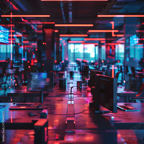 Modern Neon Cyberpunk Open Space Office Interior Partially Blurry Generative AI 