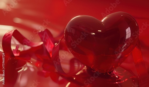 red and red heart on the red background with ribbon