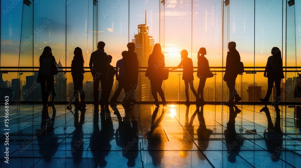 Silhouette concept of business people meeting in the office, sunrise background