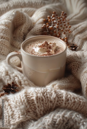 a cup of hot cocoa in a white blanket