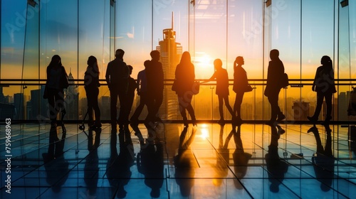 Silhouette concept of business people meeting in the office, sunrise background