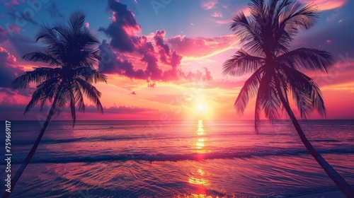 Silhouettes of palm trees on a tropical beach during a vibrant sunset