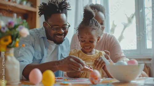 A mother, father, and their daughter are joyfully painting Easter eggs, a hap...