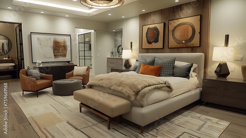 Modern style large bedroom featuring a platform bed and a seating area with a loveseat and accent chairs
