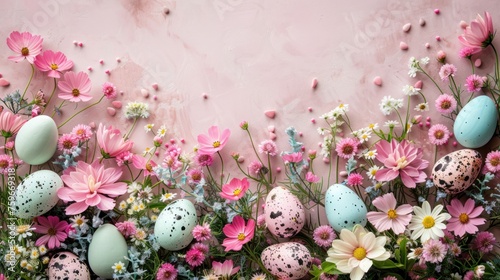 Easter-themed backdrop featuring spring flowers and Easter eggs