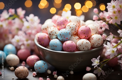 A basket filled with colored Easter eggs, surrounded by flower bulbs and daff...