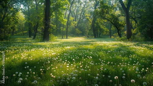 park filled with dandelions, lush green grass, blooming flowers, and tall trees