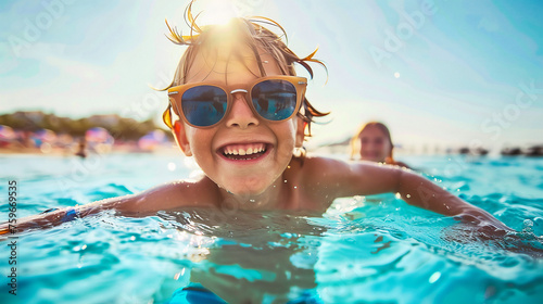 Cute little boy swimming in pool at summer day. Happy child having fun outdoors