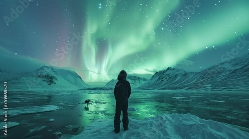 The northern lights cast a green glow over a vast, snowy tundra, creating a mesmerizing scene.