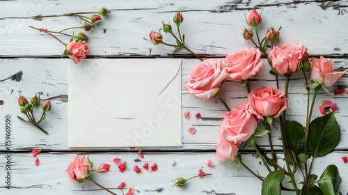 A blank white greeting card featuring a pink rose flower bouquet and an envel...