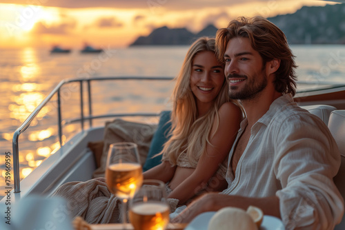 Cozy couple cuddling while enjoying a sunset and drinks on a yacht © Jelena