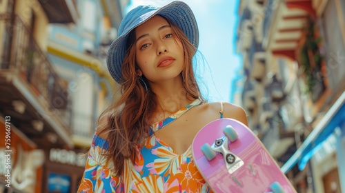 Stylish anonymous young woman in a colorful summer dress and denim bucket hat...