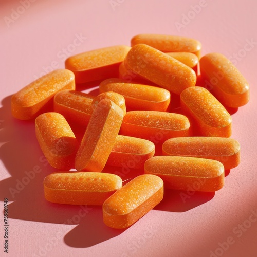 Orange vitamin pills arranged on a soft pink background in a well-lit studio