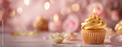 A top gold candle on a cupcake set against a soft pastel pink backdrop