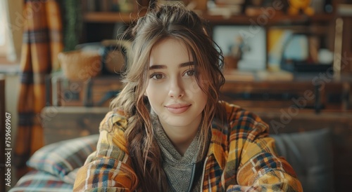 Girl student studying in a room on the background of books and computer