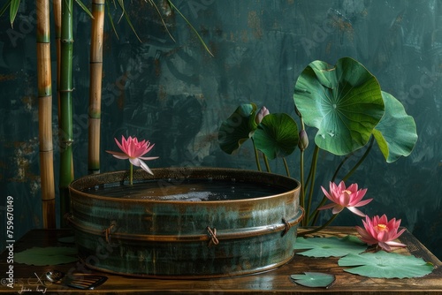 Still life of a spa featuring a bamboo fountain and lotus