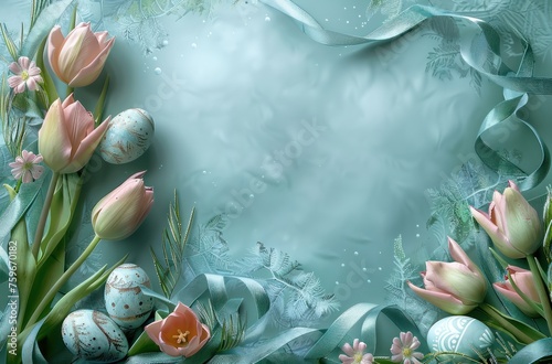 easter frame with colorful eggs, tulips and ribbon