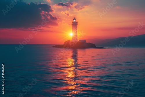 Lighthouse on the sea at the sunset