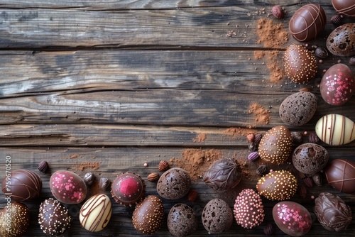 Easter eggs and green branches arranged on a beige background