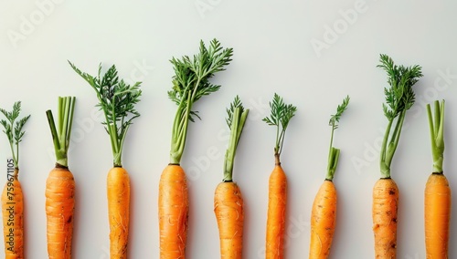 the carrots are sitting along a white background