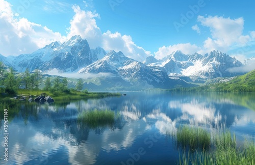 a lake with mountain peaks and grass reflected in it