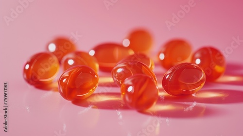 Orange vitamin pills arranged on a soft pink background in a well-lit studio
