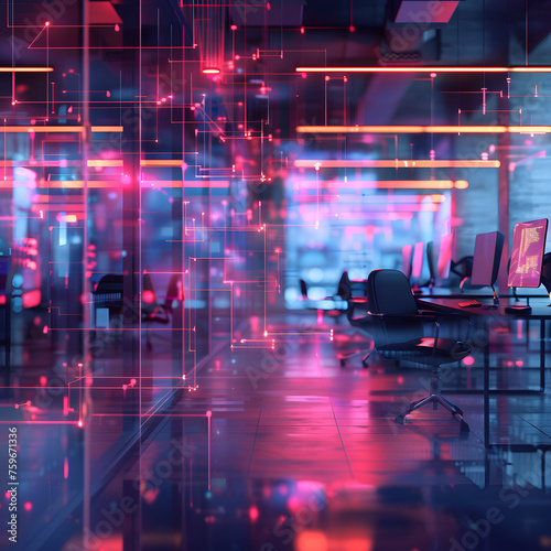 Modern Neon Cyberpunk Open Space Office Interior Partially Blurry Generative AI
