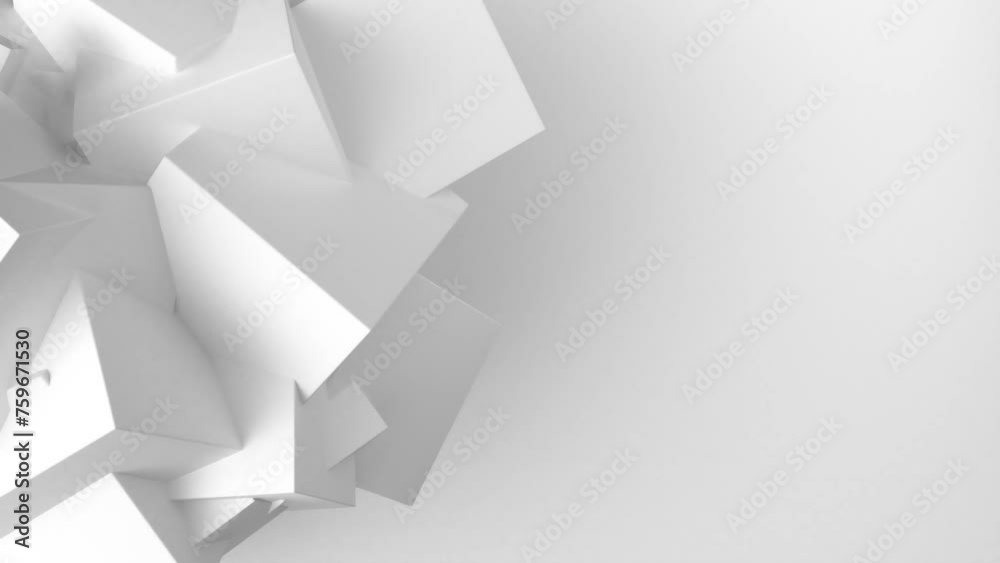 3D Animation - White corporate abstract background of looped animated geometric three-dimensional shapes and copy space