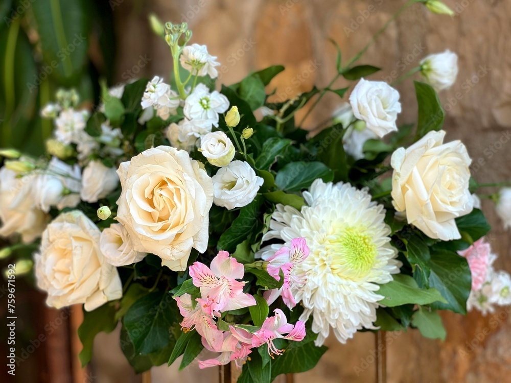 Beautiful wedding bridal bouquet flowers white roses, chrysanthemum, eustoma