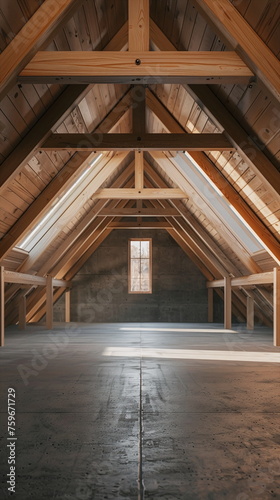 Frontal view of a modern attic with empty walls