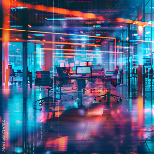 Wallpaper Mural Modern Neon Cyberpunk Open Space Office Interior Partially Blurry Generative AI
 Torontodigital.ca