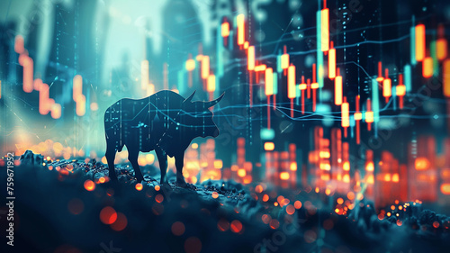 Surreal, floating 3D stock market symbols over a clean, fantasy landscape, crisp photographic style close-up, © praewpailyn