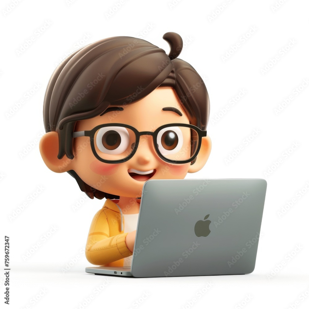 Simple emoji of a person teaching computer software and distance learning, white background